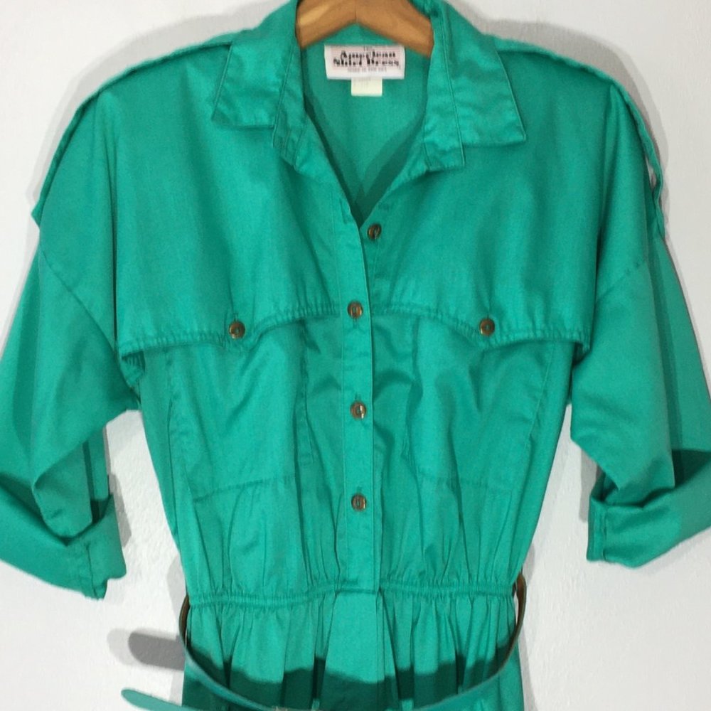 Vintage 80s Day Dress, Green Shirt Dress, Vintage Dress with Pockets Size Medium - Picture 5 of 14